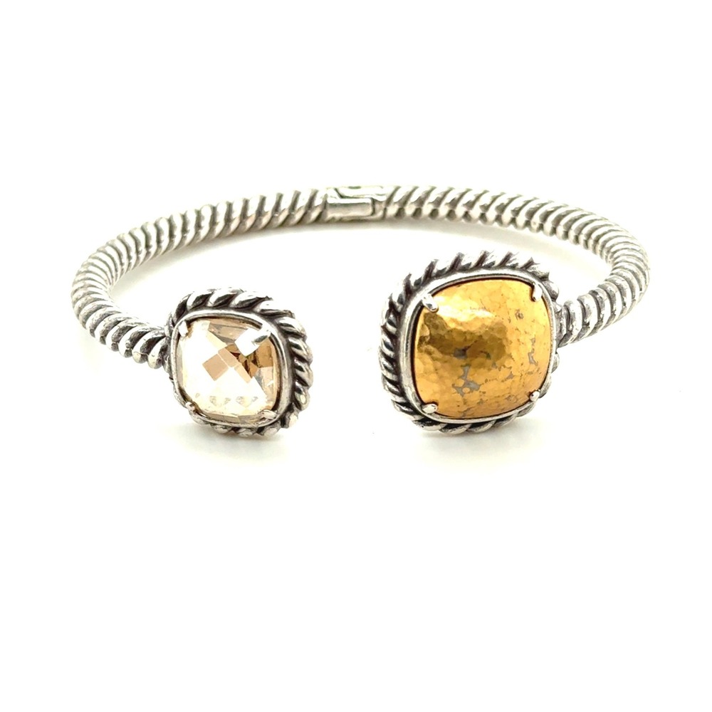 Brighton Mixed Metal Twisted Cable Cuff Bracelet Crystal Hammered Gold Silver
